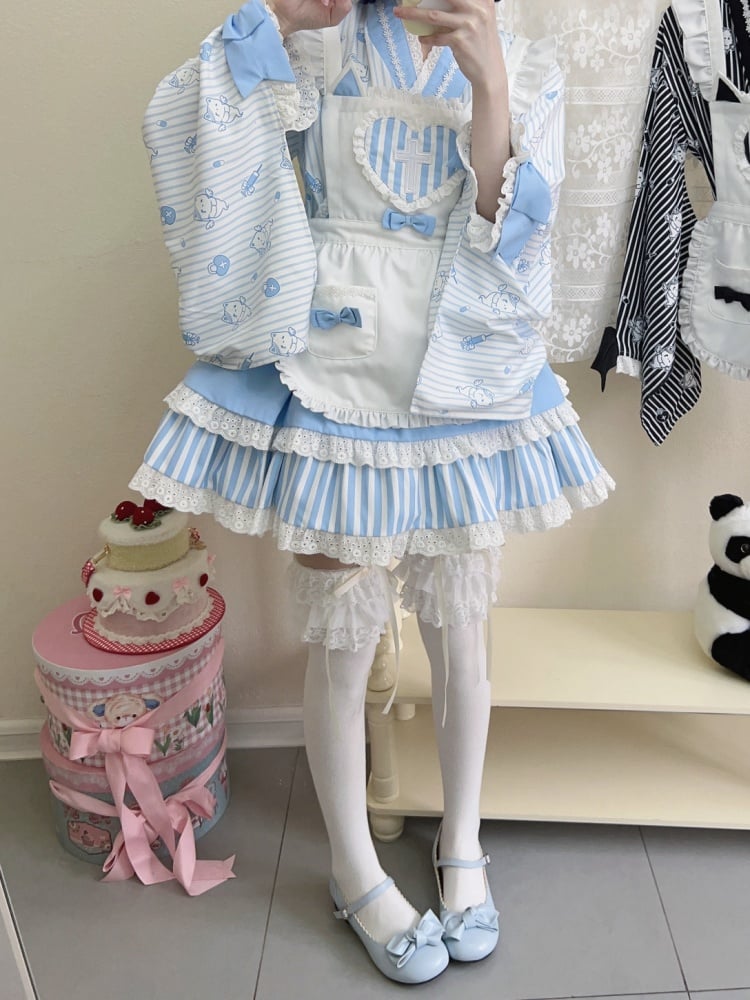 ブルーストライプのリトルゴーストプリントトップス + ティアードスカート + エプロン和ロリータセット