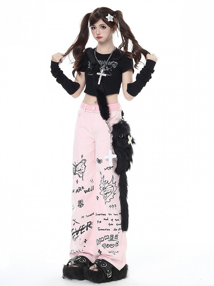 Pink Wide-leg Graffiti Design Jeans High Waist