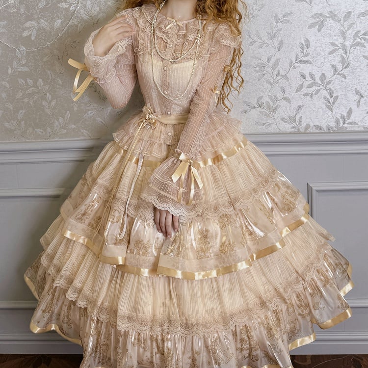Skirt Bunny Champagne Lolita Kitty Print Ruffle and Tiered