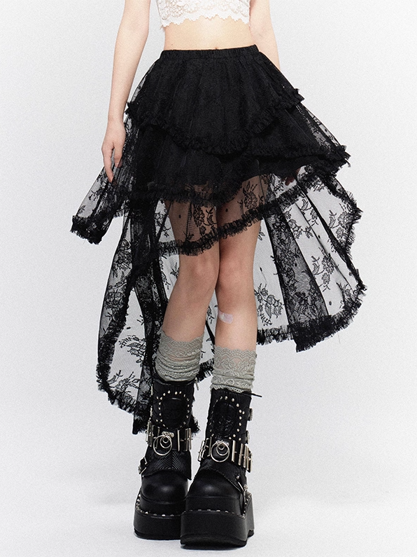 Tiered Lace Asymmetrical Hem Black Skirt with