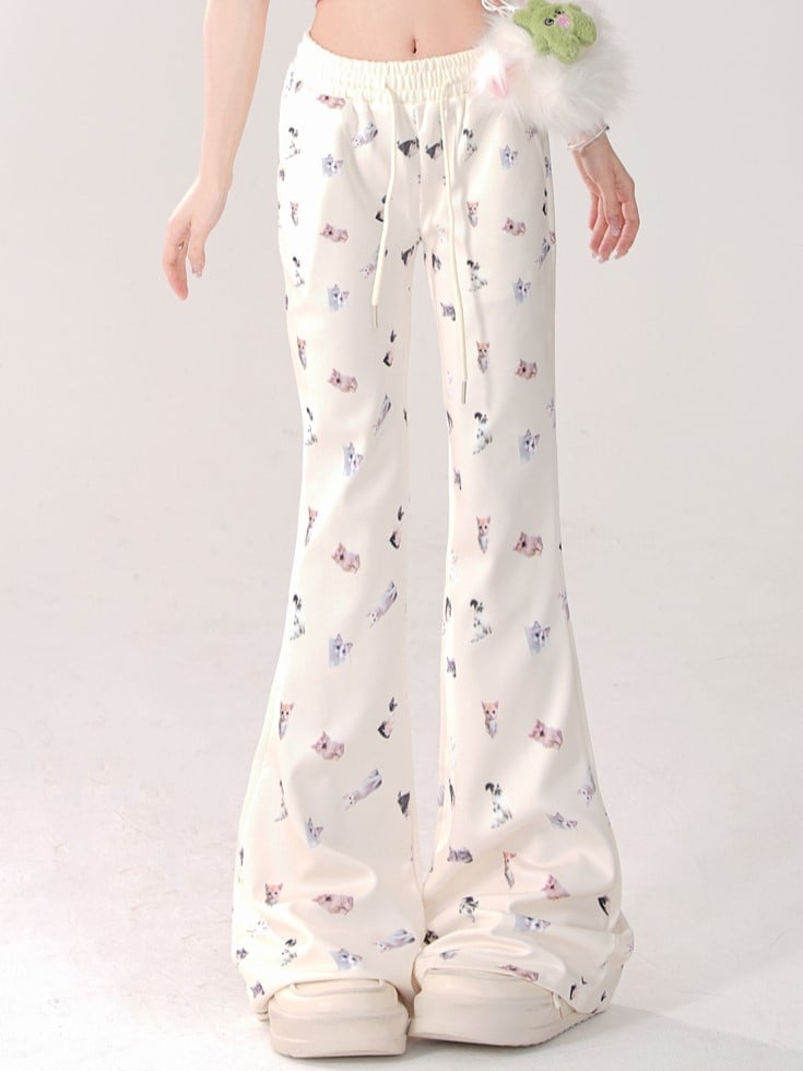 Beige Regular/Thicken Slim-Fit Flared Pants with Realistic Cat Prints and Elastic Waistband