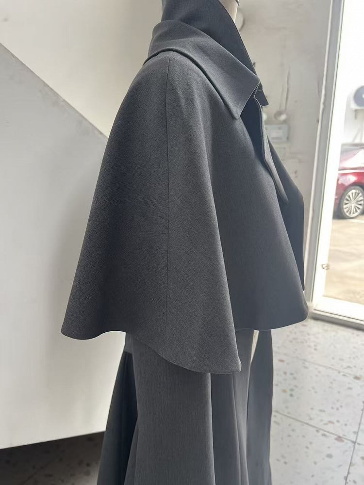 Design / Coat Black Detachable Cape Trench Gray Double-Breasted