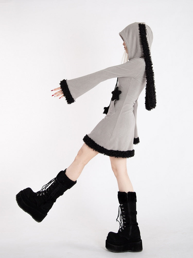 Y2k Gray Bunny Ear Hood Bell Sleeves Plush Trim Dress with Star Straps