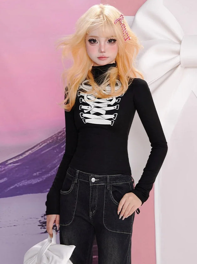 Black Bowknot Lace-Up Print High Neck Long Sleeves Top