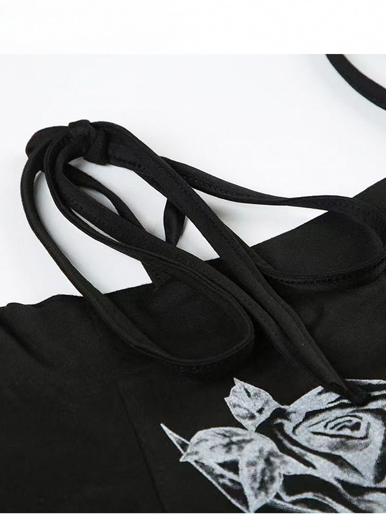 Off-the-shoulder Neckline Decorated Floral Black Rhinestone T-shirt Design Y2K