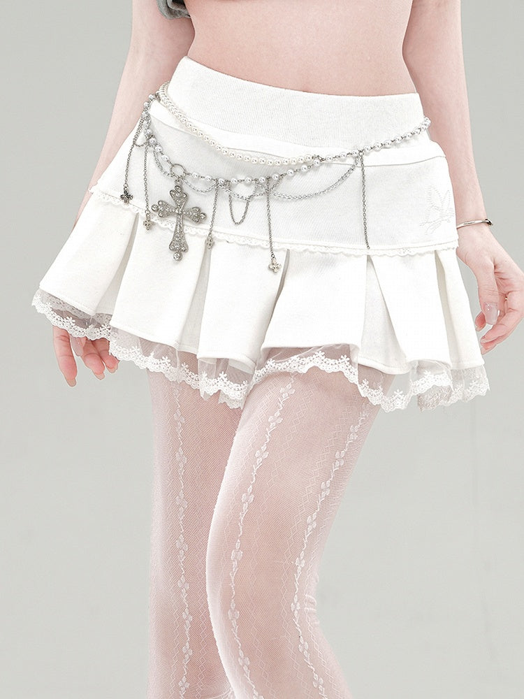 Mini Pleat Box Skirt Lace Trim Apricot