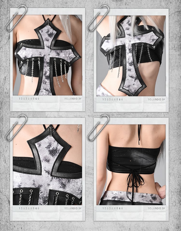 Decorated Cross Strapless Cyberpunk Top Fashion Y3K Chains Futuristic Black Silver Sequins and