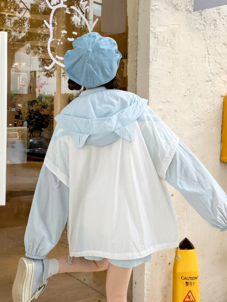 Sun Protection Jacket Hem Hood Cat Ears Blue Colorblock Design Drawstring Design