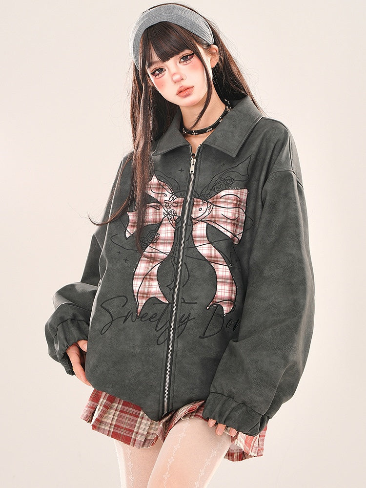 Black Plaid Bowknot Zip Placket Jacket