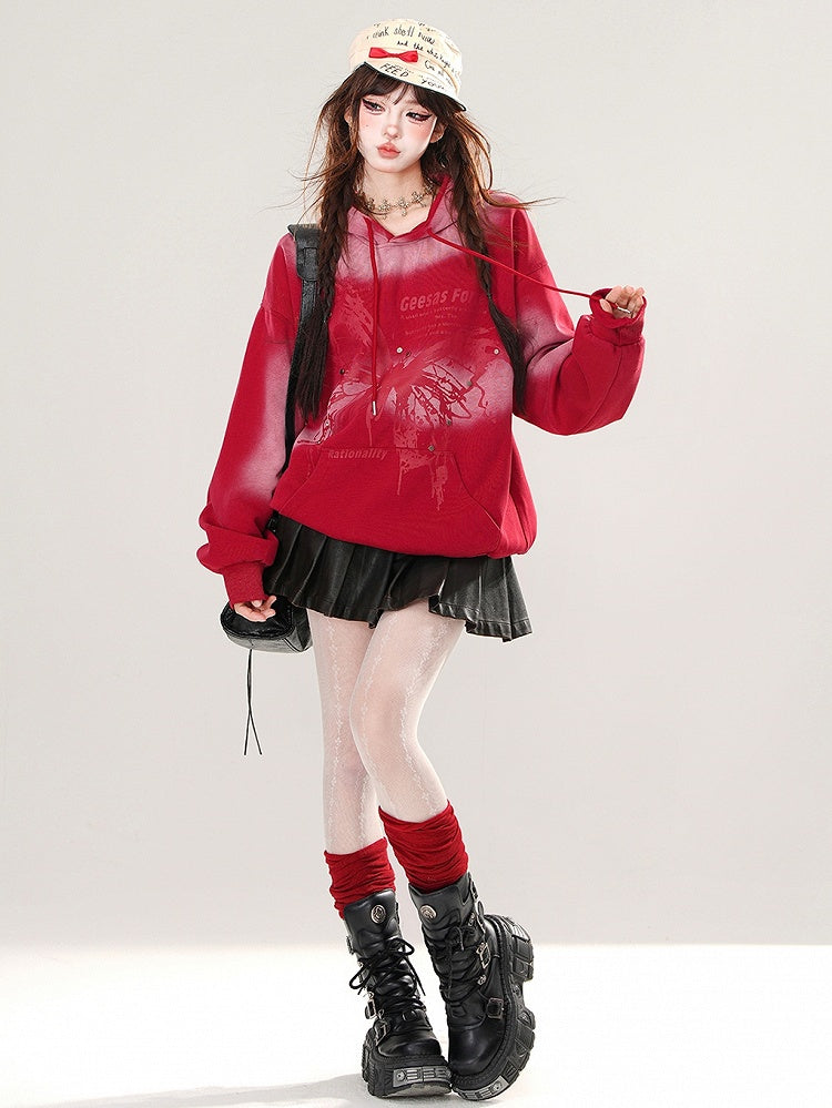 Schwarz/Roter Schmetterlings-Batik-Hoodie