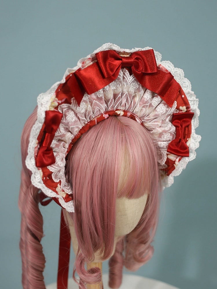 Black Sweet Bonnet Lolita / Red Strawberry with Print Pink