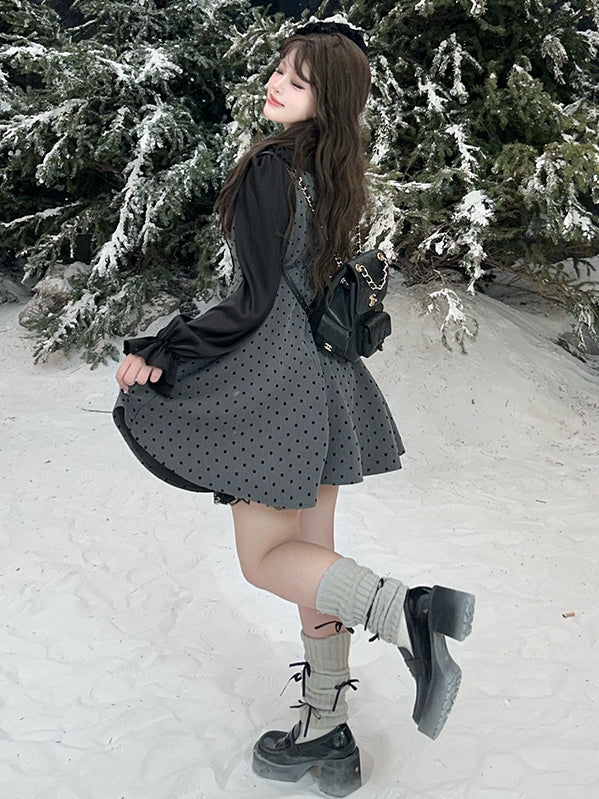 Robe grise grande taille à pois et taille haute avec nœuds