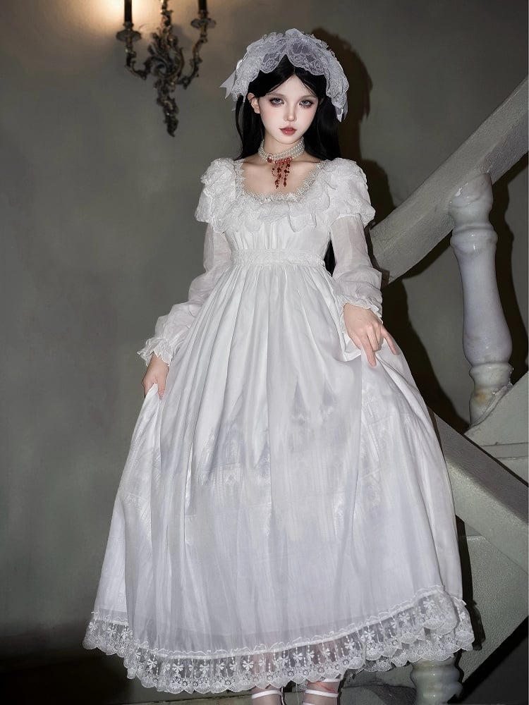 Set OP Lolita Long Goth Neckline White Version Print Full Castle Square Dress