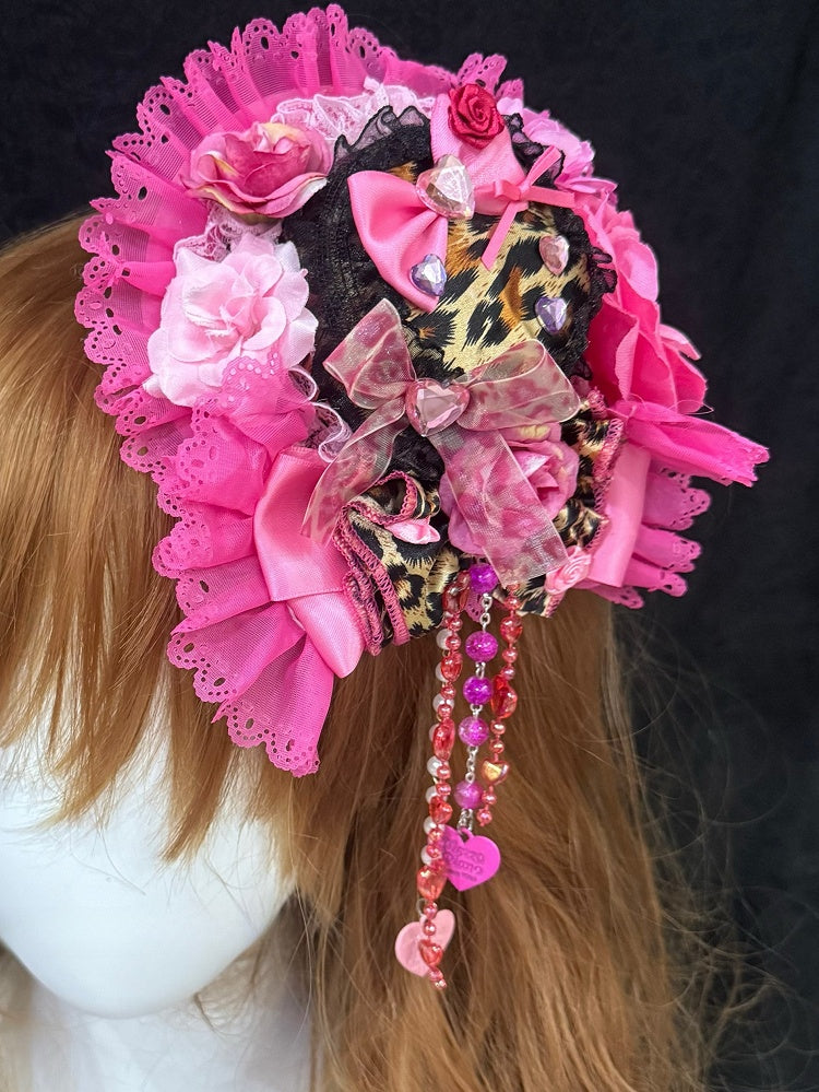 Hat Rhinestone Decorated Chain BlackPink Trim Beaded Floral Mini Leopard Pattern Lace Design