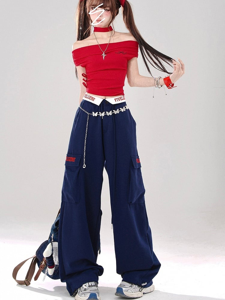 Klein Blue Wide-Leg Pants with Lettered Pocket Flaps and Foldover Waistband