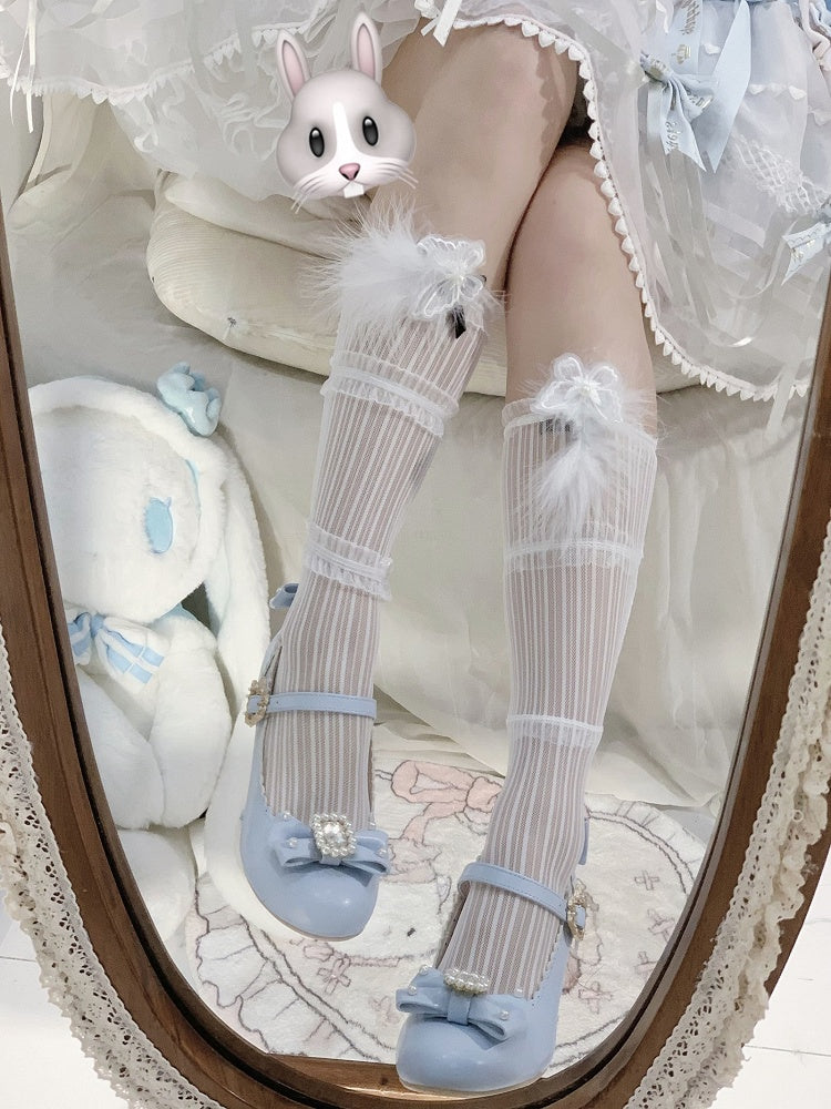 Runde Mary-Toe-Schuhe mit verziertem Lolita-Strass und Details, Schleife und Perlen in Blau