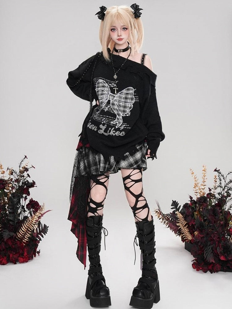 Rosa/Schwarz/Weiß Bowknot Applikation Asymmetrischer Ausschnitt Pullover Distressed Trim