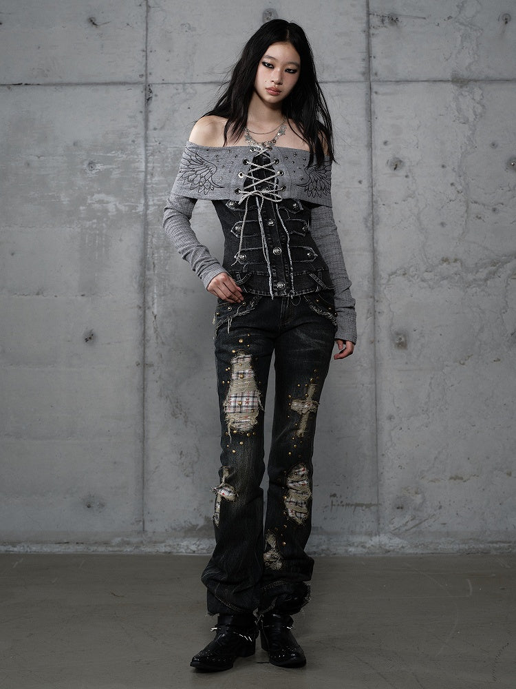 Plaid Distressed Patches Jeans Hem Punk with Frayed Black Wash Cross