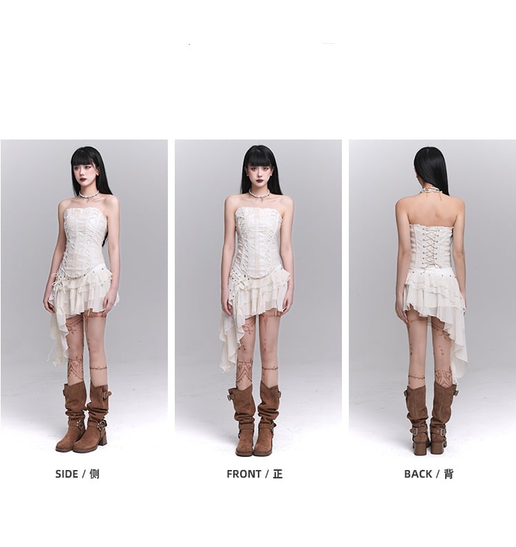 Asymmetrical Hem Tiered Skirt Strapless Top Lace Lace-up Beige Cross Applique /