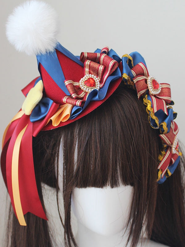 Blauer und roter Zirkus-Süßer Lolita-Minihut mit Stern und Perlenschleife