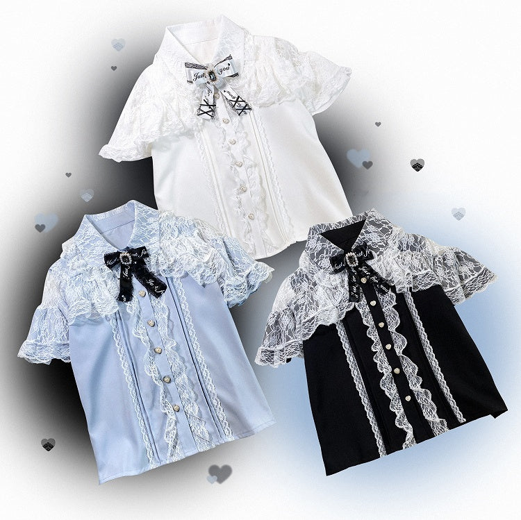 Jirai Kei Black/Blue/White Cutout Shoulder Cape Design Lace Blouse
