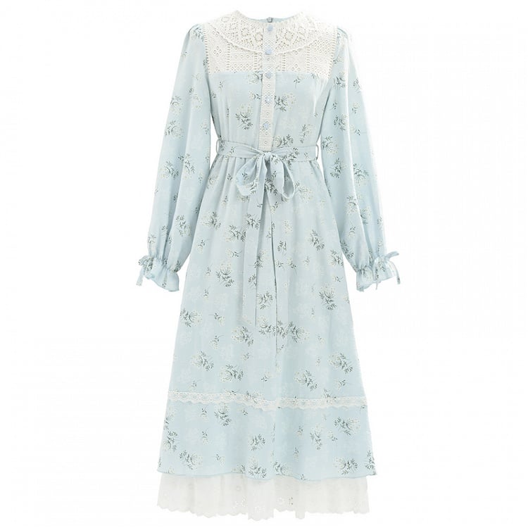 Blue Illusion Neckline Lace Trim Floral Dress with Self-tie Strap at Waist
