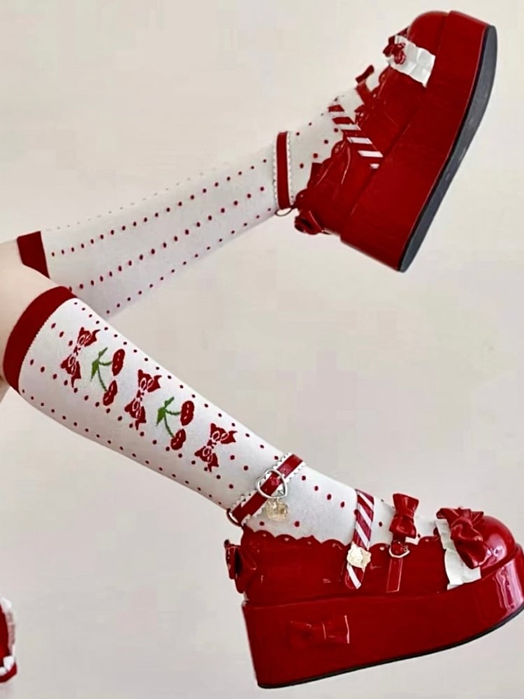 Socks Pattern Print Lolita White Polka-dot Cherry Red Calf