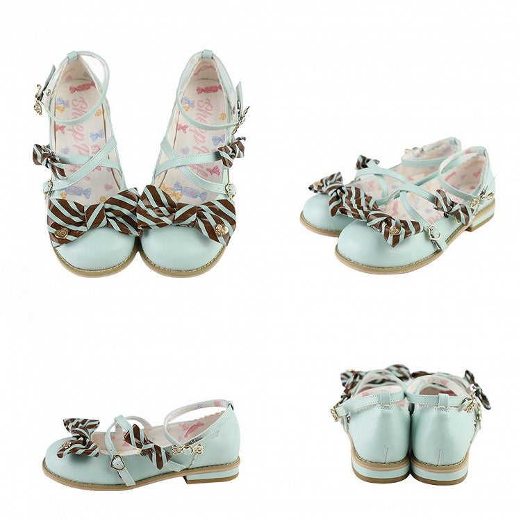 Gestreifte Schnallen am Herz-Schuh-Design Schleife Lolita Top Crisscross Grünbraun Muster