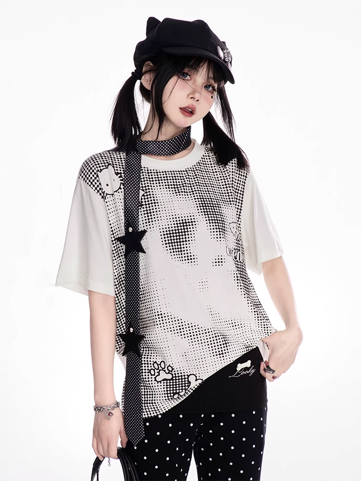 Dot T-shirt Entzückende Cartoon Druck Weiß Rundhals Polka