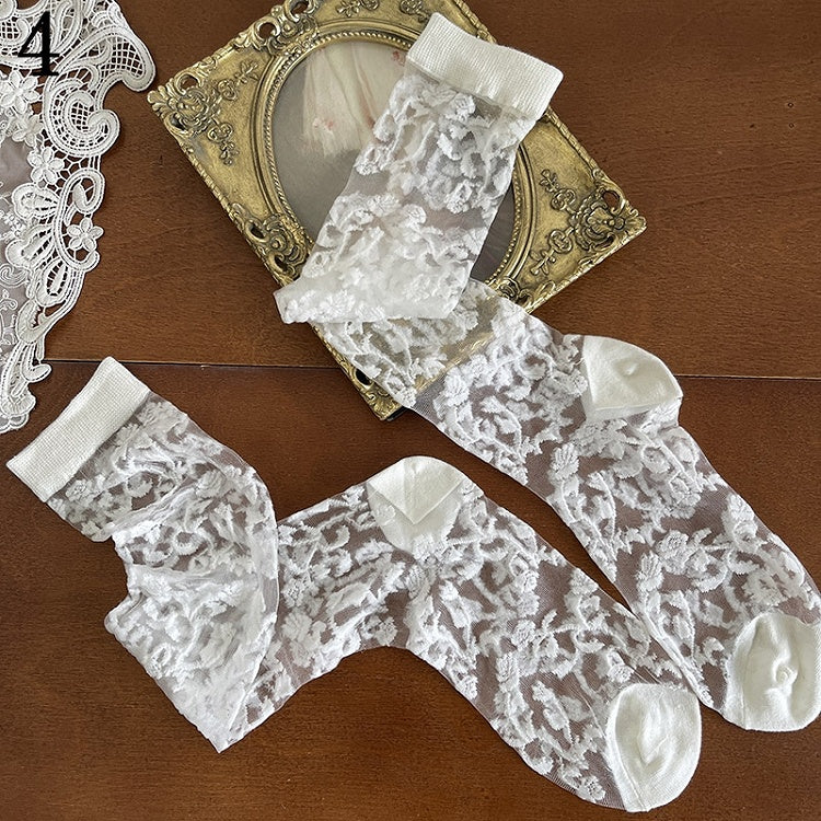 Lace Stockings/Floral Pattern Trims Socks/Lace Tulle Hollow-out Underknee White Socks Fishnet Stockings/Feather