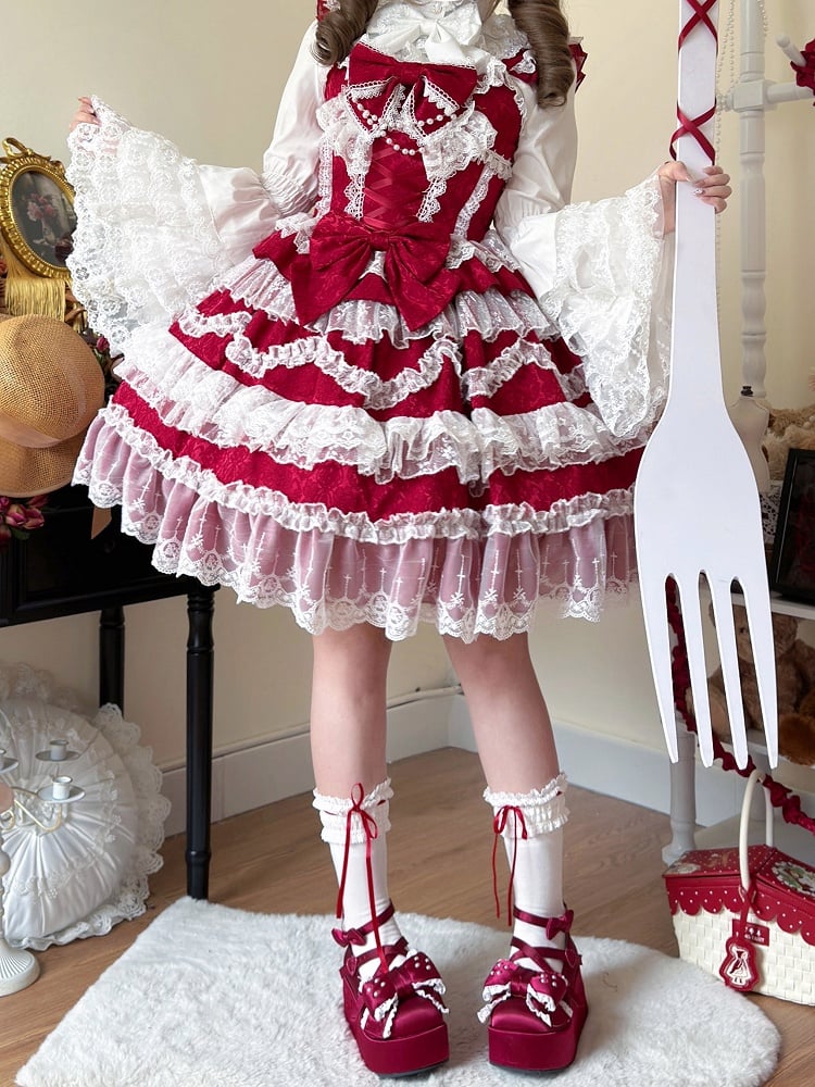 Decorated Bows Skirt Jumper White Lolita Lace Dress Hanayome Red Trims