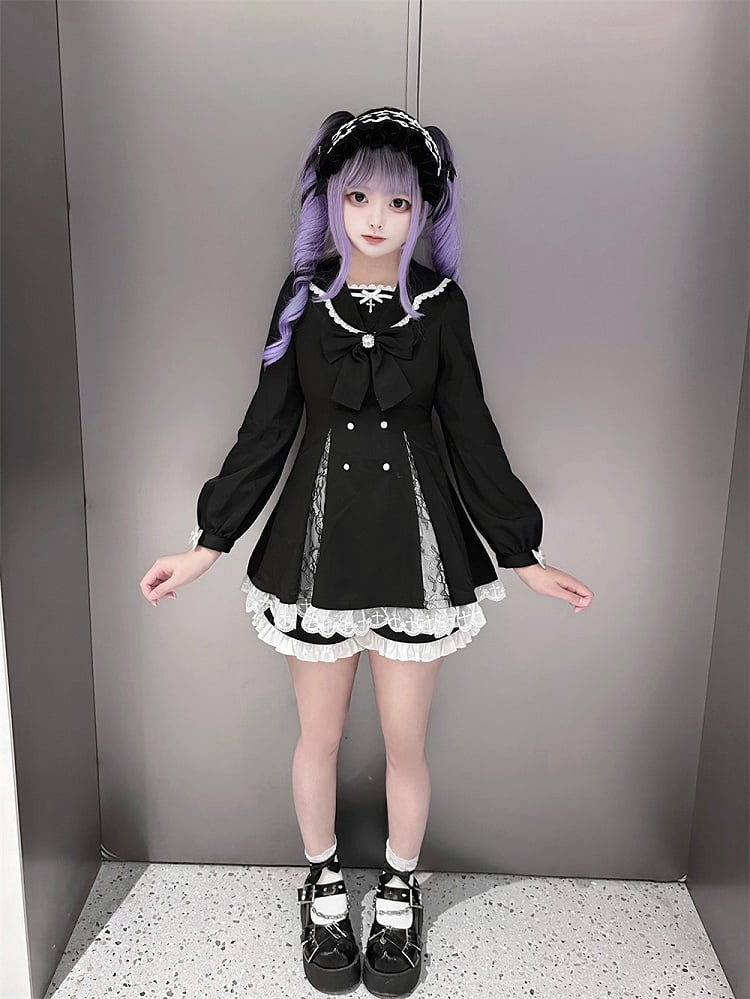 High Mini Coord with Dress Slit Matching Kei Black Set: Jirai Lace-Paneled Edgy Shorts
