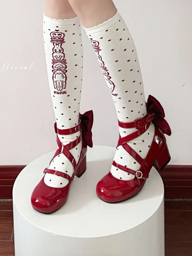Accent Bow Crisscross Heels Mid Red Design Sweet Toe Round - Lolita