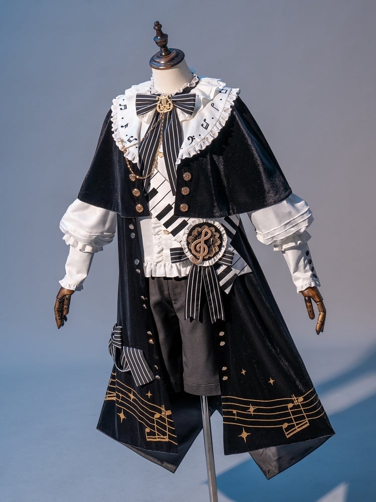 Schwarz-weißes Ouji-Lolita-Komplettset – weißes Hemd + schwarze Shorts + schwarze Robe mit Musiknoten-Aufdruck