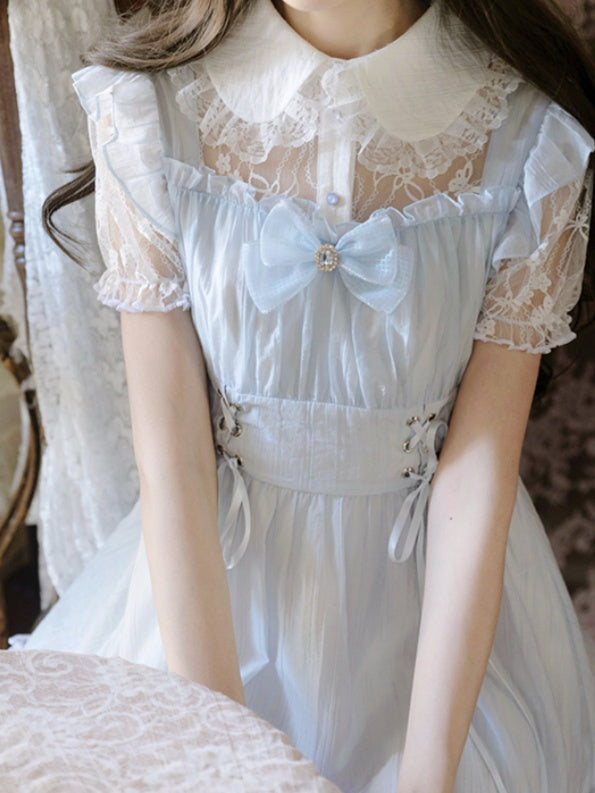 Collar Lace-up Waist Pan Jirai Kei Dress Light Blue Illusion Neckline Peter