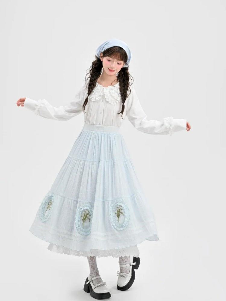 Skirt Light Blue Lily-of-the-Valley Embroidered Lace Trim Cutton