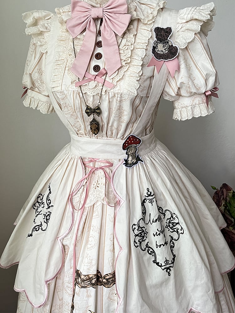 Lolita Scallop Pink Creamy Trim Apron with White Embroidered Sweet