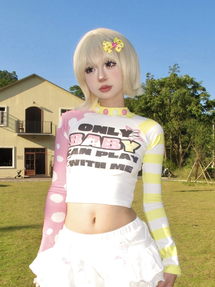 Yellow&Pink Long Sleeves Letter Cropped Top