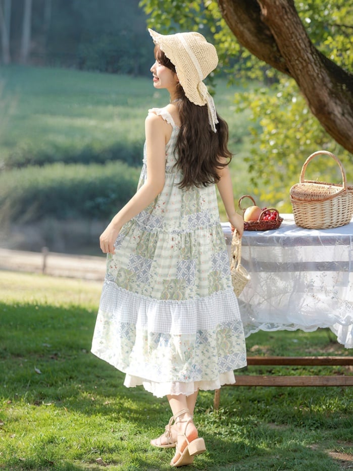Mori Kei Green Halter Neck Patchwork Design Floral Dress