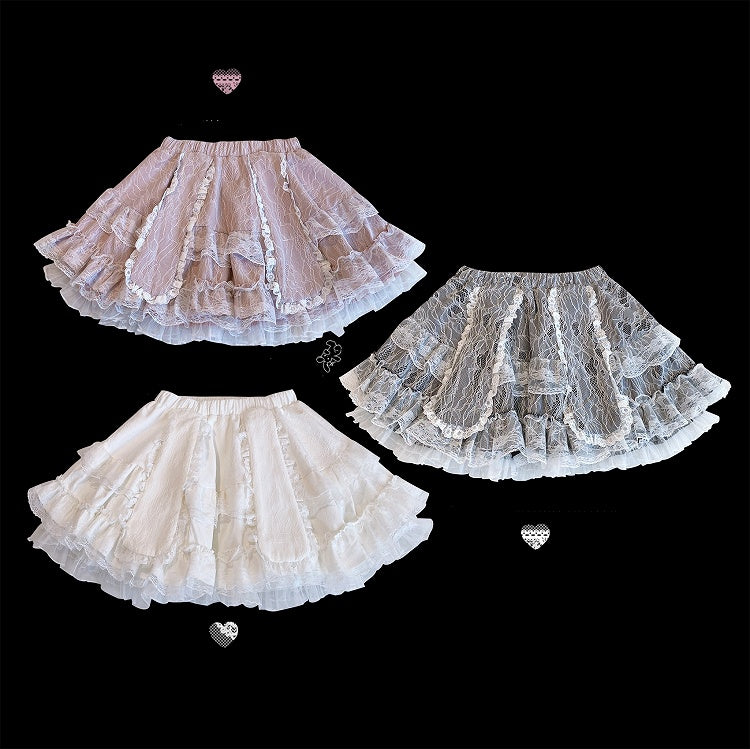 Double-Layered Jirai Kei Lace Black/White/Pink Bunny Ears Design Skirt