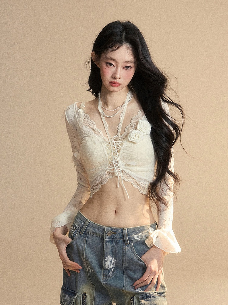 and Floral Embellished Lace Apricot Bell Sleeves Butterfly Set Cropped Top Glamorous Top With