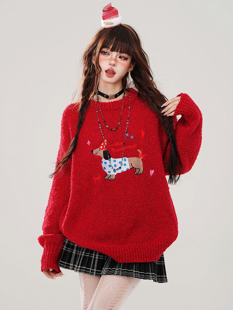 Weihnachtlicher roter süßer Dackel-Pullover mit Rundhalsausschnitt