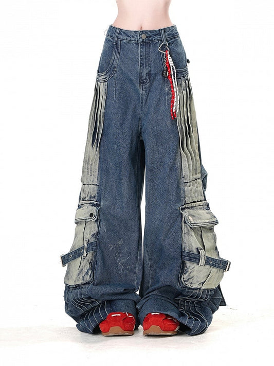Blue Faded Wash Cargo Pockets Loose Wide-Leg Jeans