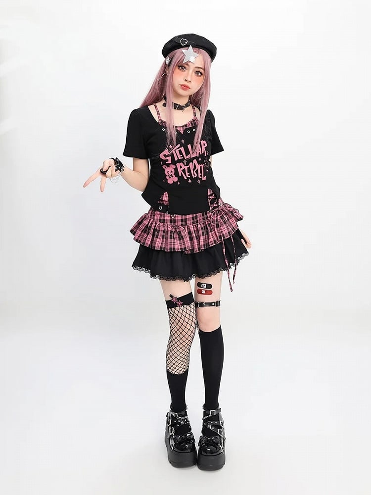 Y2K Black Print T-Shirt Pink/Black Faux Two-Pieces White Bunny