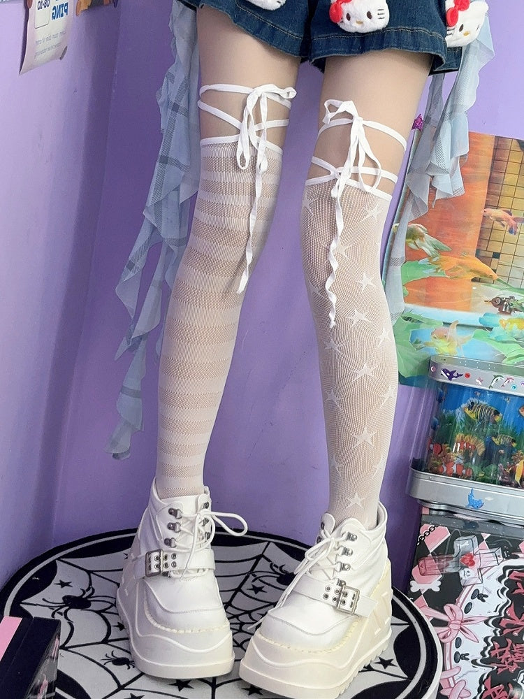 Asymmetrical Black/White Star Pattern Over-knee Striped Stockings Design Y2K And