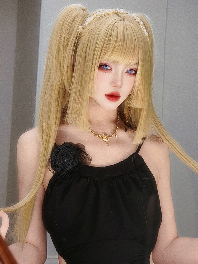 ブロンド姫カットロングストレート合成ウィッグ(ダブルクロークリップ付き)