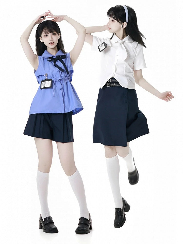 White Peter Pan Collar Short Sleeve Shirt Tie and Holder Card with