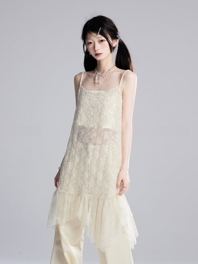 Strapless Hem Cropped Sequins Mesh Slip Dress/Apricot Apricot Semi-sheer Top Star Pattern Asymmetrical