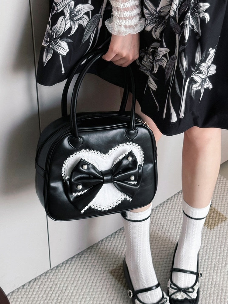 Decorated Sweet Black Hand Beaded Bag Plush Lolita Heart Bowknot