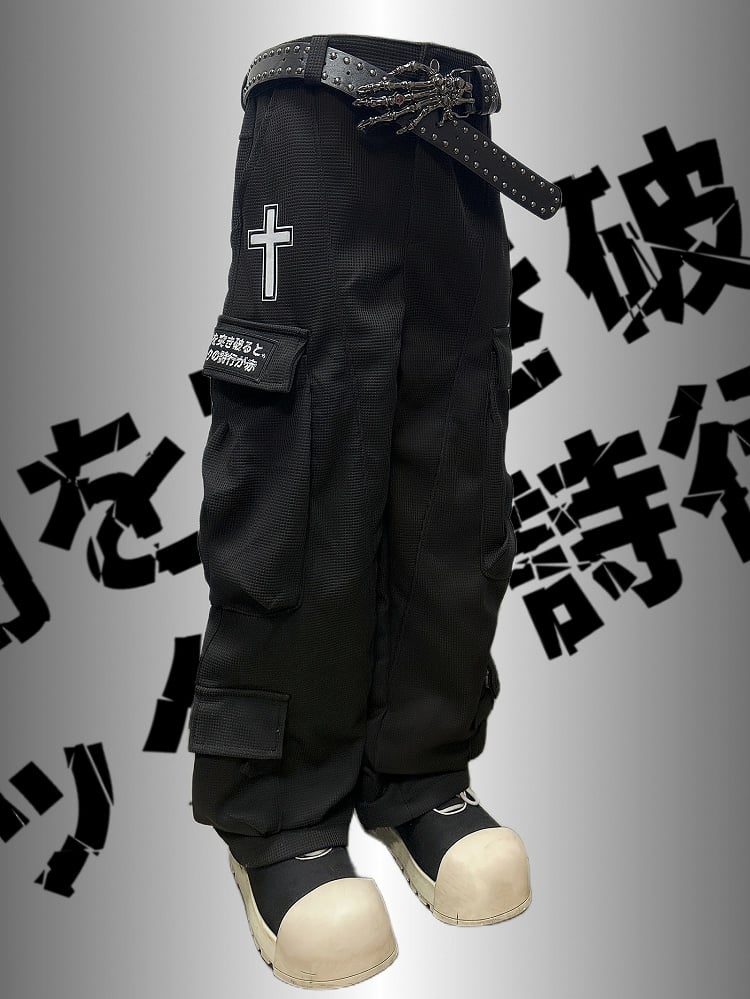 Applikation Schwarz Punk Weites Bein Cargo Kreuz Verziert Rock Taschen Hose Brief Und